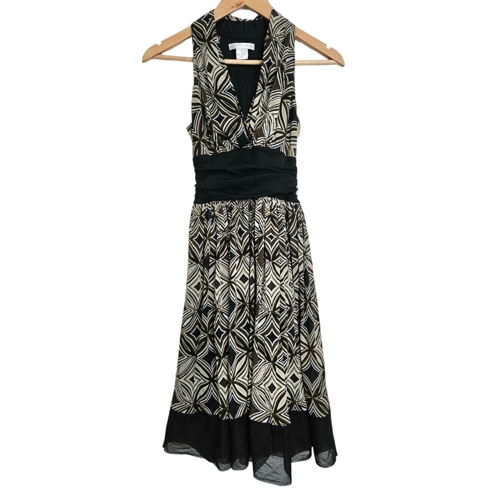 London Times brown flowy printed mesh dress